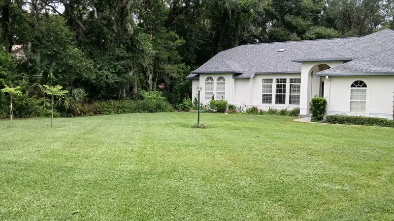 Freshly mowed front lawn with stripes in front of a white Florida home