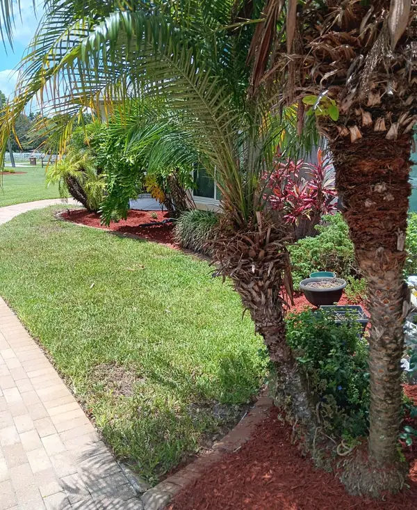 Palms and ti plants along a curved paver walk